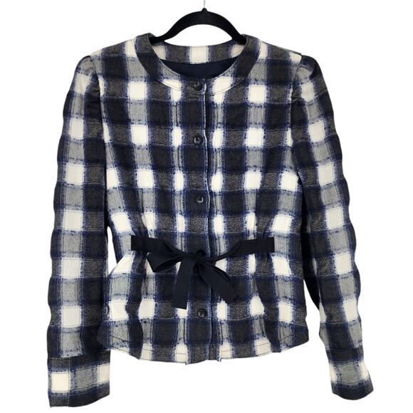 Club Monaco Blue and White Plaid Wool Blend Jacket with Waist Tie Size XS - Picture 1 of 5